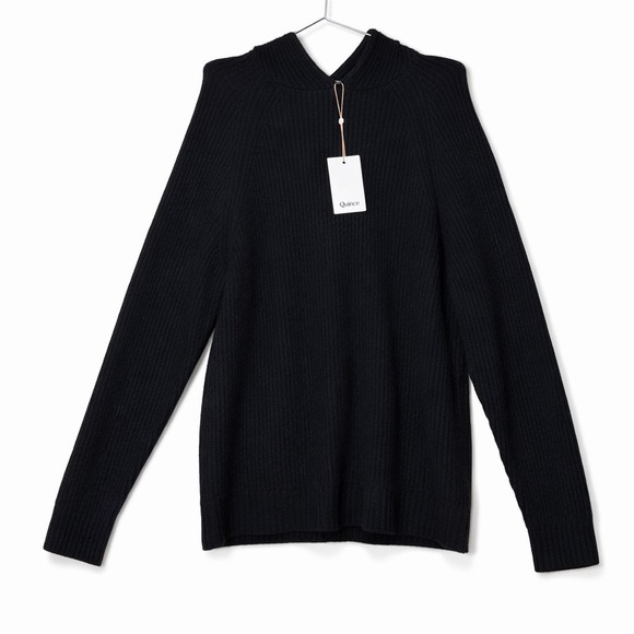 NWT Quince Black Ribbed Knit Hooded 100% Cashmere Sweater Men's Long Sleeve